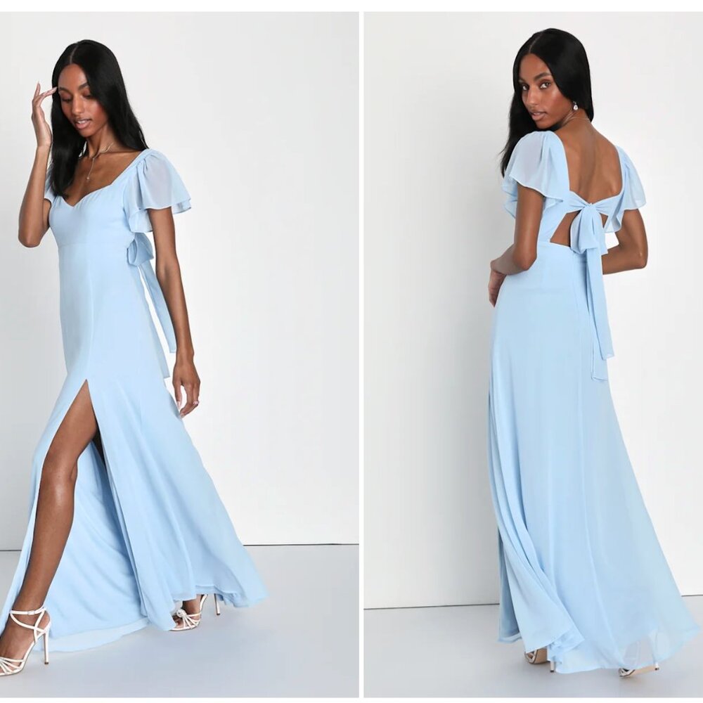 Lulus Simply Delightful Light Blue Tie-back Flutter Sleeve Maxi Dress - Size L